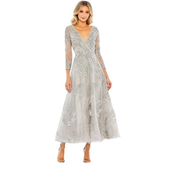 Mac Duggal 16 20336 NEW Platinum Silver Embellished Wrap Over 3/4 Sleeve Dress - Picture 1 of 13